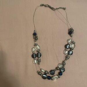 Chico’s Vintage Double Layered Glass Bead Necklace Blue White Cream, 23” Chain